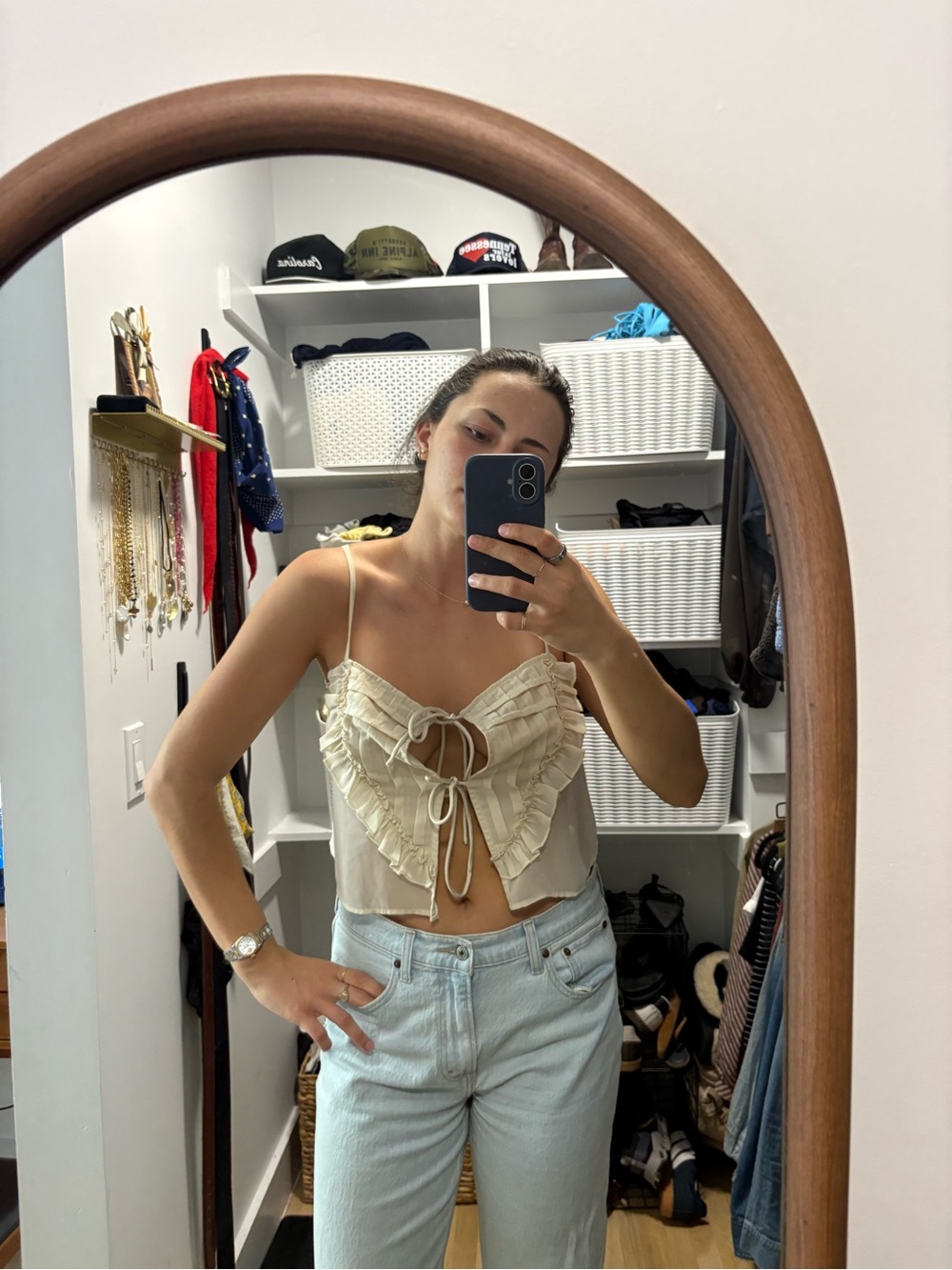 Anthropologie Cream Ruffle Tie-Front Cami